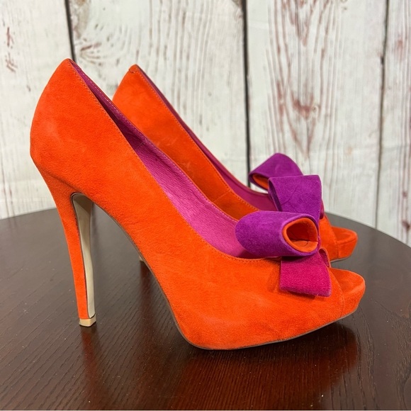 JEFFREY CAMPBELL GARRET orange combo Women's Bow Accent peep toe high heels 7.5 - Picture 13 of 16